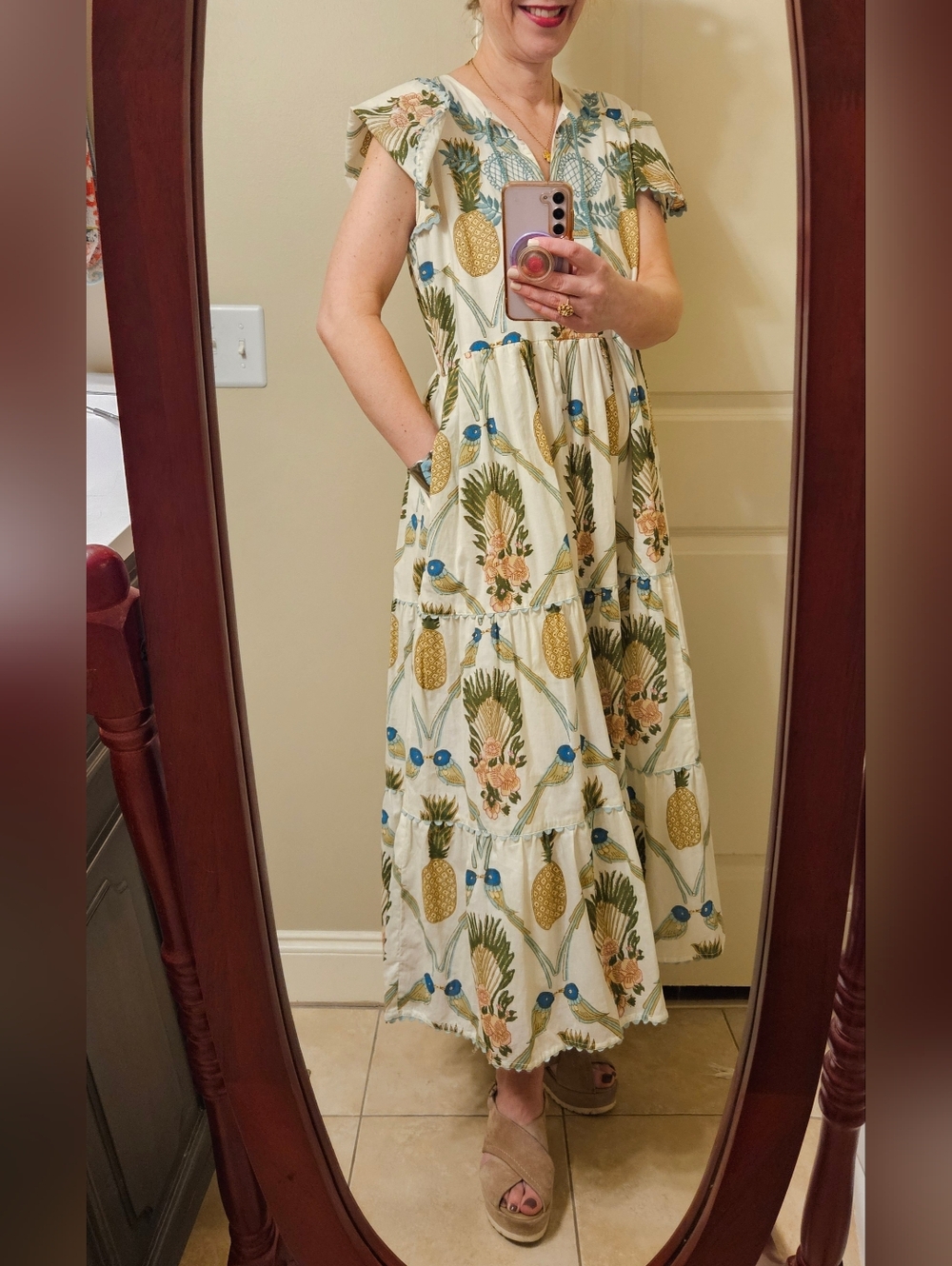 Uncle Frank Birds of Paradise Maxi Dress S | Tropical Boho Tiered Cotton Tassel - Picture 2 of 13